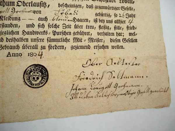 Gesellenbrief Bäcker und Küchler Löbau Oberlausitz 1804