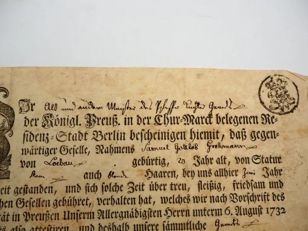 Gesellenbrief eines Gesellen aus Löbau in Berlin Preußen 1800 mit Siegel
