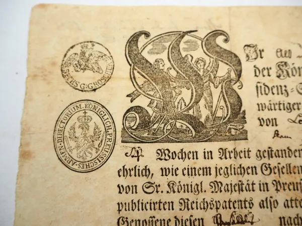 Gesellenbrief eines Gesellen aus Löbau in Berlin Preußen 1800 mit Siegel