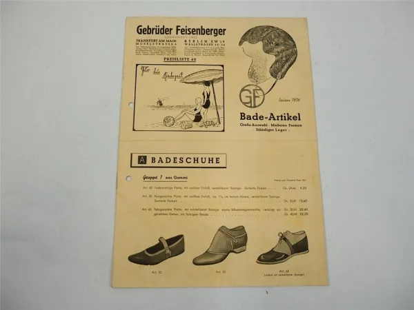 GF Gebr. Feisenberger Frankfurt Berlin Badeartikel Schuhe Hauben Preisliste 1936