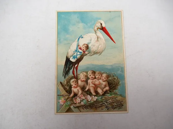 Glückwunschkarte Geburt Baby Storch Lithographie ca. 1886