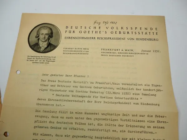 Goethehaus Frankfurt 1932 Aufruf Deutsche Volksspende für Goethes Geburtsstätte