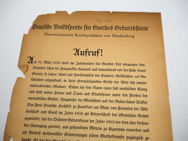 Goethehaus Frankfurt 1932 Aufruf Deutsche Volksspende für Goethes Geburtsstätte