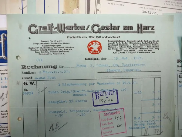 Greif Werke AG Goslar Harz Bürobedarf Posten Rechnungen Firmenbriefe 1927 - 1937