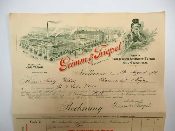 Grimm & Triepel Fabrik Tabak und Zigarren Nordhausen Rechnung 13.Aug. 1903