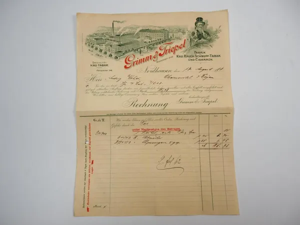 Grimm & Triepel Fabrik Tabak und Zigarren Nordhausen Rechnung 13.Aug. 1903