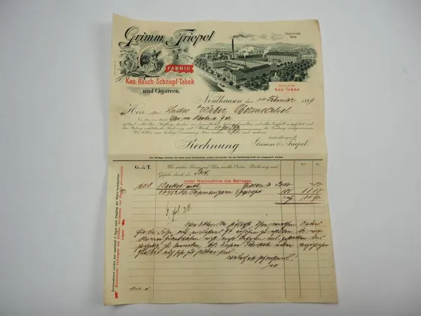 Grimm & Triepel Fabrik Tabak und Zigarren Nordhausen Rechnung 14.Febr. 1899