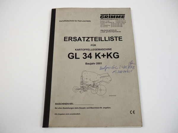 Grimme GL34 K KG Kartoffellegemaschine Ersatzteilliste 2001