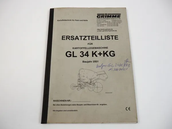 Grimme GL34 K KG Kartoffellegemaschine Ersatzteilliste 2001