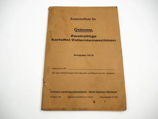 Grimme Zweireihige Kartoffel Vollerntemaschine Original Ersatzteilliste 1976