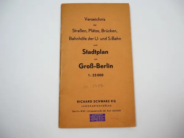 Groß Berlin Verzeichnis der Strassen Brücken Bahnhöfe ... ca 1947 zum Stadtplan