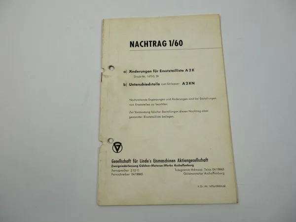 Güldner A2K A2KN Ersatzteilliste Nachtrag 1960