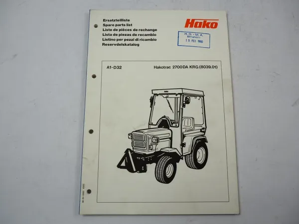Hako Hakotrac 2700DA KRG (8039.01) Traktor Ersatzteilliste Ersatzteilkatalog 1989