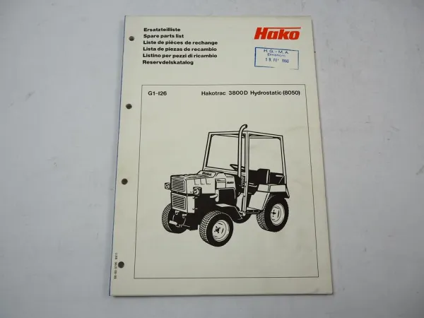 Hako Hakotrac 3800D Hydrostatic (8050) Traktor Ersatzteilliste Parts List 1989