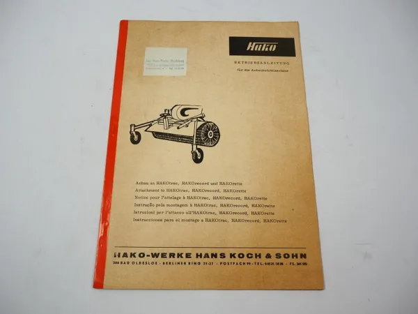 Hako Kehrmaschine Anbau für Hakotrac Hakorecord Hakorette Betriebsanleitung