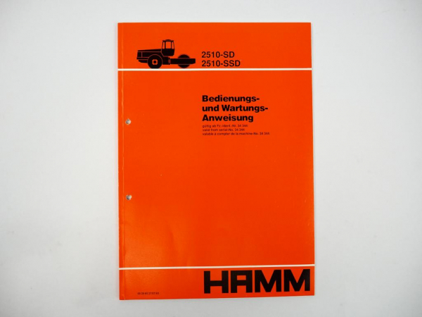 Hamm 2510 SD SSD Walze Betriebsanleitung Bedienungsanleitung Wartung 1993