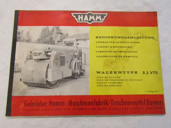 Hamm 8,5 VTD Walze Betriebsanleitung Bedienungsanleitung von 5/1972