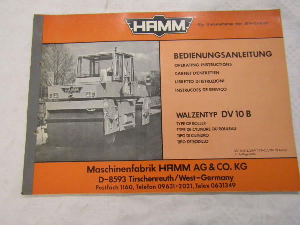 Hamm DV10B Walze Betriebsanleitung Bedienungsanleitung von 3/1976