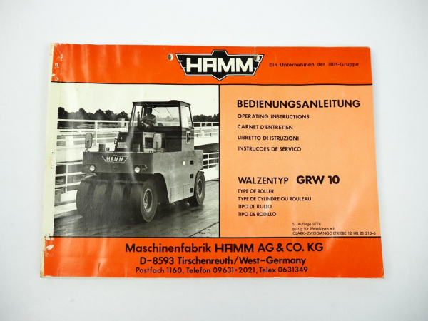 Hamm GRW 10 Walze Betriebsanleitung Bedienungsanleitung Wartung 1976