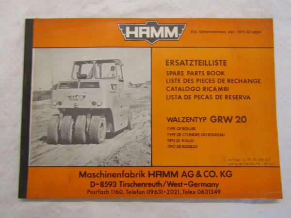 Hamm GRW20 Gummiradwalze Ersatzteilliste Ersatzteilkatalog von 10/1978