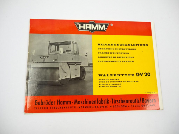 Hamm GV 20 Walze Betriebsanleitung Bedienungsanleitung Wartung 1975