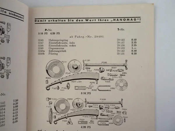 Hanomag 3/16 PS und 4/20 PS PKW 750 800 1100 ccm Ersatzteilliste 1935