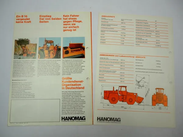 Hanomag B16 Radlader 175 PS 2x Prospekt Technische Daten ca. 1970