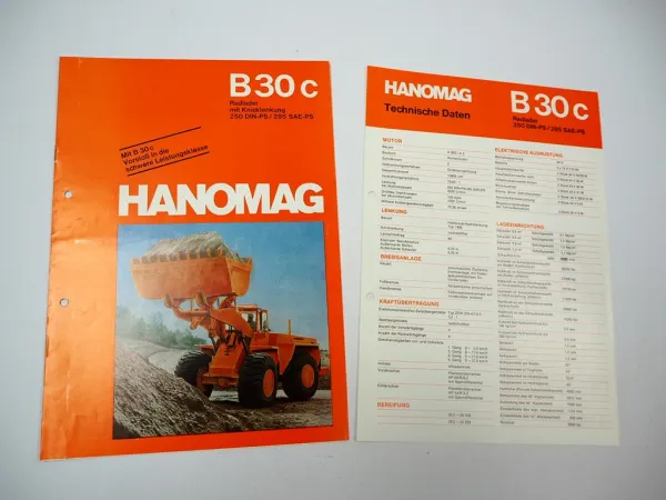 Hanomag B30 c Radlader 250 PS 2x Prospekt Technische Daten 1970er Jahre