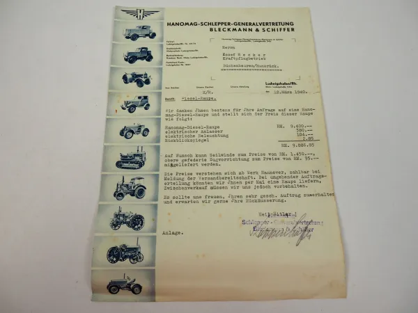 Hanomag Diesel Raupe Angebot Briefbogen Bleckmann & Schiffer Ludwigshafen 1940