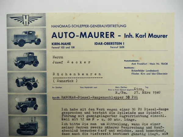 Hanomag Diesel Raupenschlepper 50PS Kaufvertrag Geschäftsbriefe Auto Maurer 1940