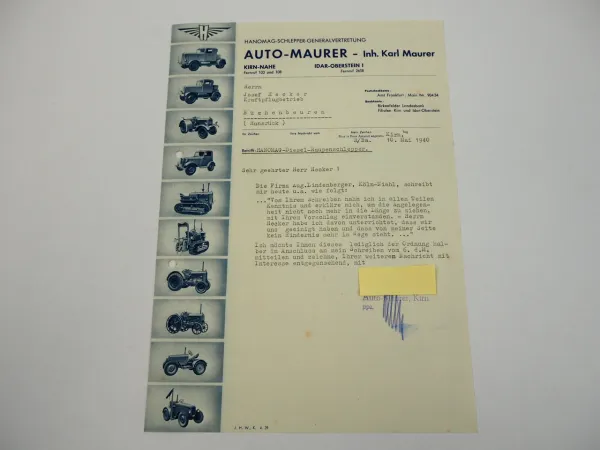 Hanomag Geschäftsbrief Diesel Raupenschlepper Auto Maurer Kirn Nahe 1940