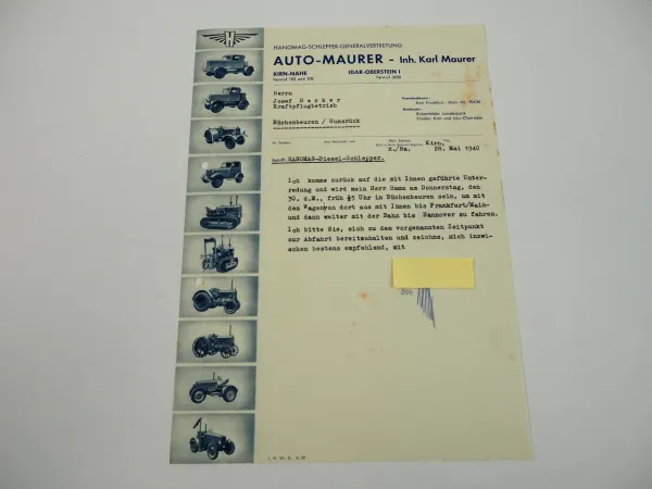 Hanomag Geschäftsbrief Diesel Schlepper Auto Maurer Kirn Nahe 1940