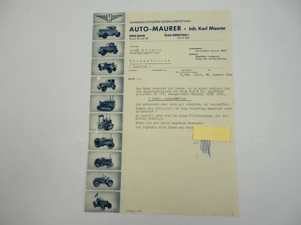 Hanomag Geschäftsbrief Raupenketten Auto Maurer Kirn Nahe 1940