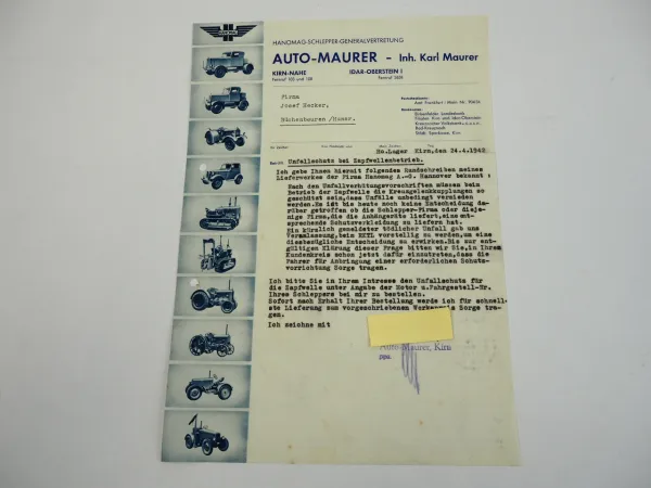 Hanomag Geschäftsbrief Unfallschutz Zapfwellen Auto Maurer Kirn Nahe 1942