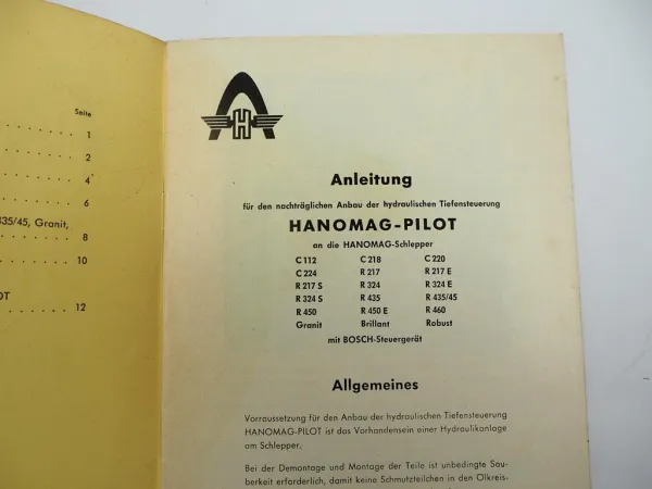 Hanomag Granit Brillant Robust Pilot Hydraulik Anbauanleitung Montage 1962