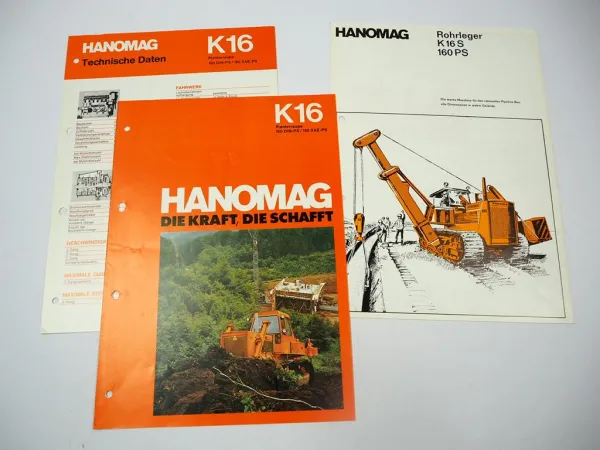 Hanomag K16 Planierraupe K16S Rohrleger 3x Prospekt 1970er Jahre