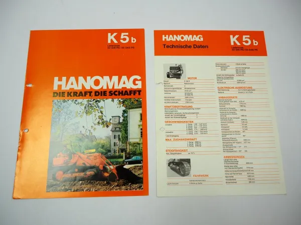 Hanomag K5 b Laderaupe 50 PS 2x Prospekt Technische Daten 1970er Jahre