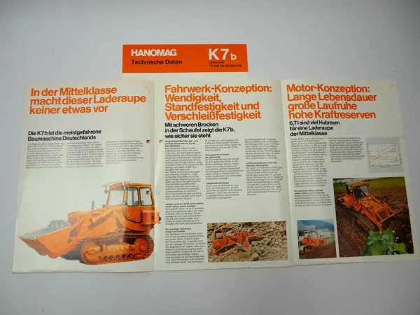 Hanomag K7 b Laderaupe 75 PS 2x Prospekt Technische Daten 1970er Jahre