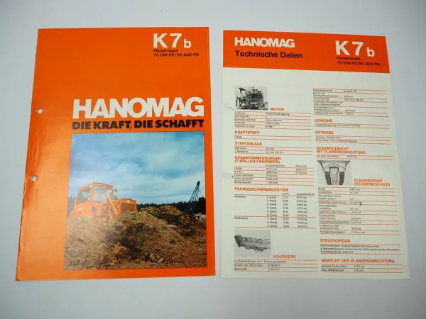 Hanomag K7 b Planierraupe 75 PS 2x Prospekt Technische Daten 1970er Jahre