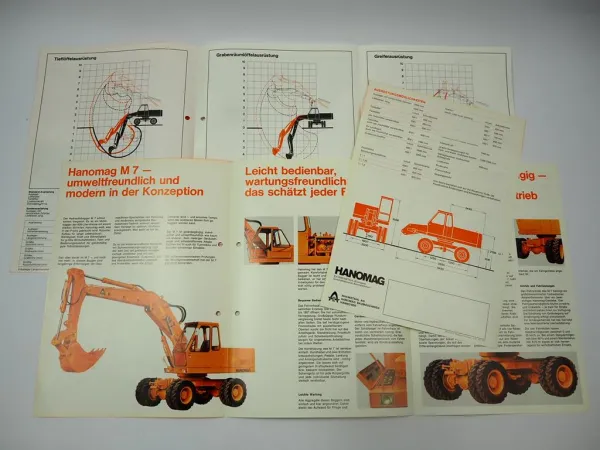 Hanomag M7 Mobilbagger + Ausrüstungen 3x Prospekt ca. 1974