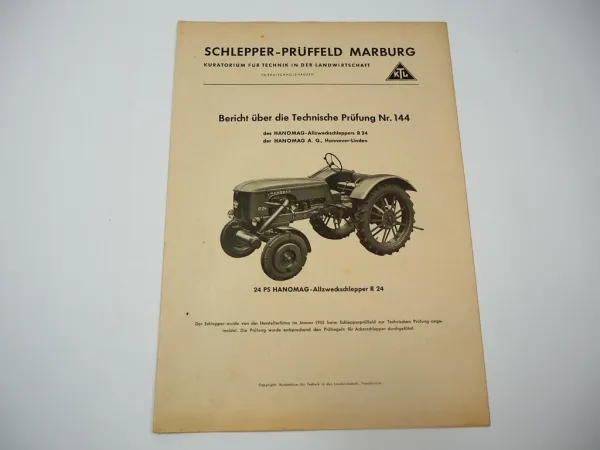 Hanomag R24 Schlepper Prüfbericht Prüffeld Marburg 1955/58