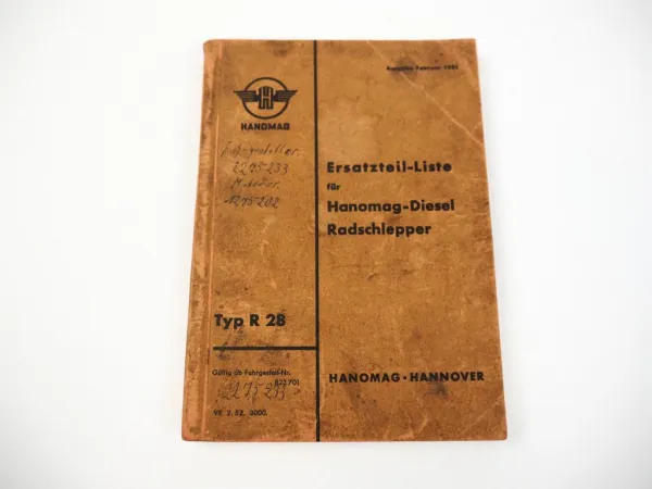 Hanomag R28 Diesel-Radschlepper Ersatzteilkatalog Ersatzteilliste 1952