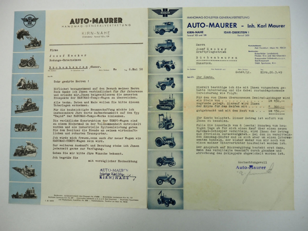 Hanomag Schlepper Briefpapier Auto Maurer Idar Oberstein 1949 Kirn Nahe 1958