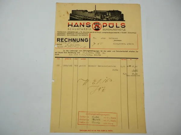 Hans Püls Schuhfabrik Burgkunstadt in Bayern Boxcalf Herren Schuhe Rechnung 1938