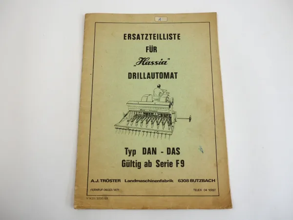 Hassia DAN DAS Drillautomat Serie F9 Ersatzteilliste 1969