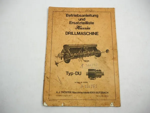 Hassia DU Drillmaschine Betriebsanleitung Ersatzteilliste 1978 Original