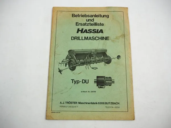 Hassia DU Drillmaschine Betriebsanleitung Ersatzteilliste 1980 Original