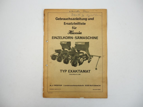 Hassia Einzelkorn Sämaschine Exaktamat Betriebsanleitung Ersatzteilliste 1977