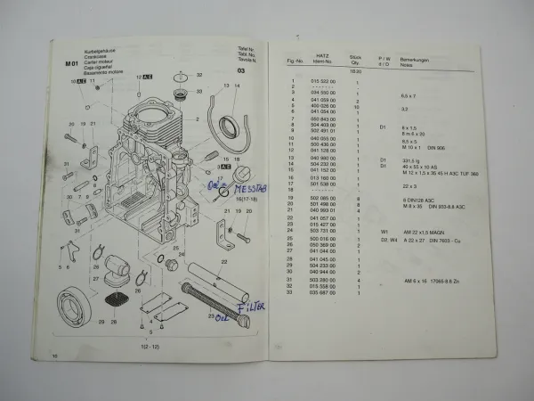 Hatz 1B20 Diesel Motor Ersatzteilliste Spare Parts List 1996