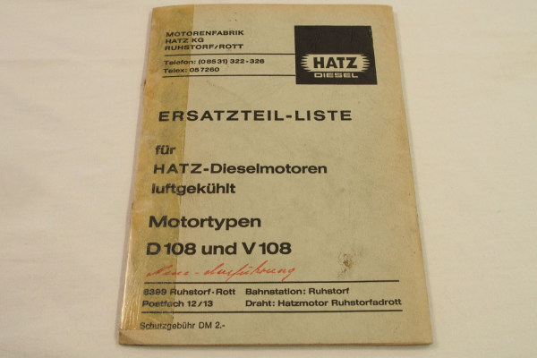 Hatz D108 V108 Diesel Motor luftgekühlt Ersatzteilliste ERsatzteilkatalog 1974